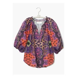 Xirena Floral Top XS Purple Red Print Puff Sleeves 100% Cotton Split Neck